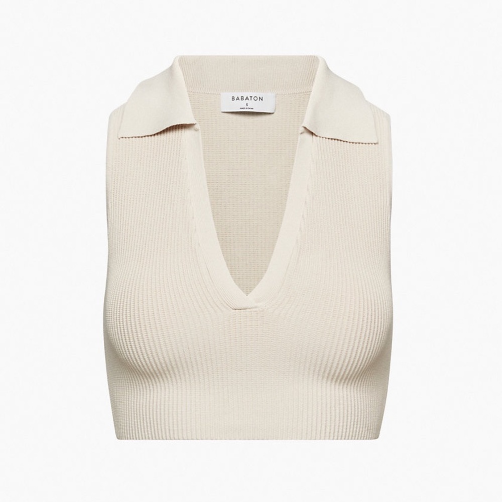Babaton Aritzia Sculpt Knit Polo Matte Pearl Top